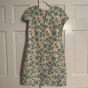 NWT J. McLaughlin Ariana Gold/Teal Metallic Floral Sheath Dress, Sz 8